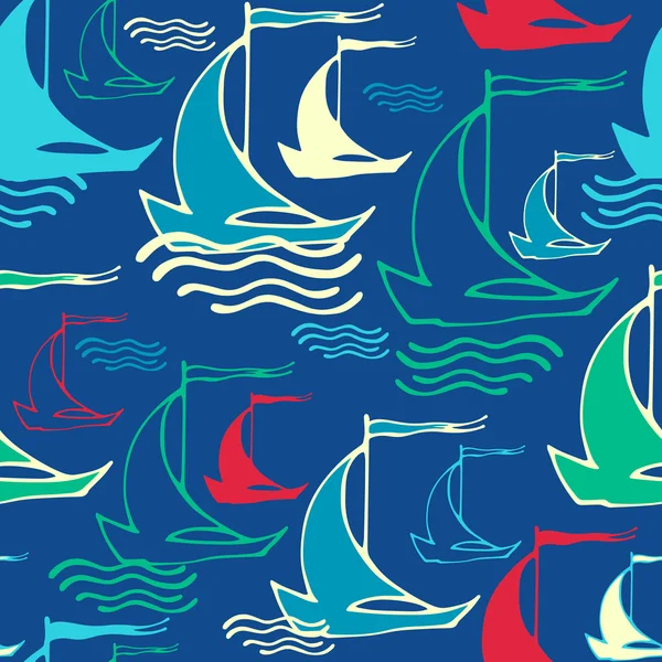 Motif sans couture avec voiliers rétro décoratifs sur les vagues — Image vectorielle