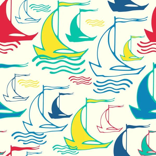 Motif sans couture avec voiliers rétro décoratifs sur les vagues — Image vectorielle