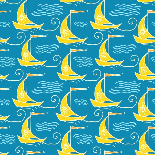 Patrón sin costuras con barcos de vela retro decorativos en olas. V. — Archivo Imágenes Vectoriales
