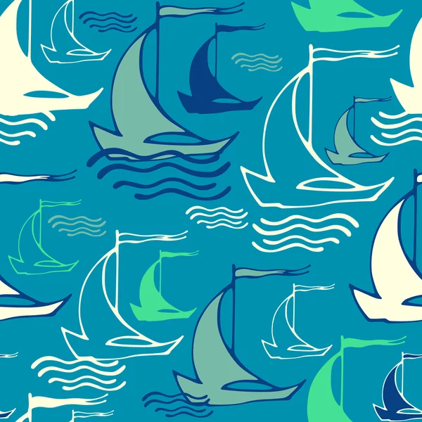 Dekoratif yelken ile Seamless Modeli dalgalar üzerinde gemi. v — Stok Vektör