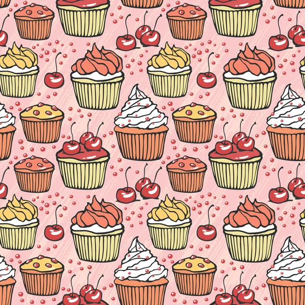 Seamless pattern with muffins and cherries — Stock Vector