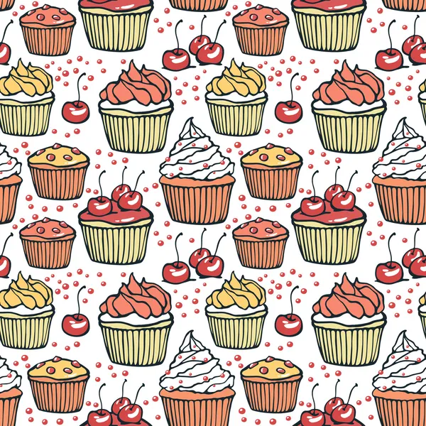 Seamless pattern with muffins and cherries — Stock Vector