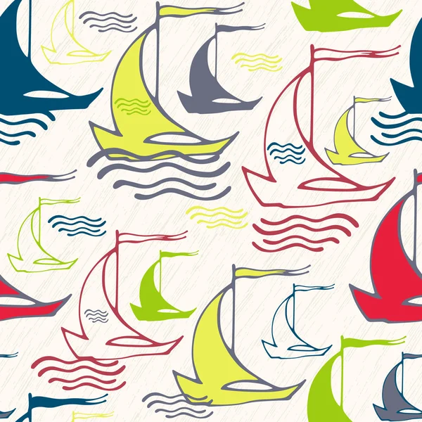 用古董装饰帆船船在波浪上的无缝模式 — 图库矢量图片