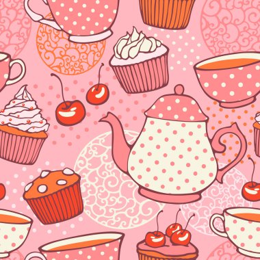 Tea time vector hand drawn seamless pattern. Decorative backgrou clipart