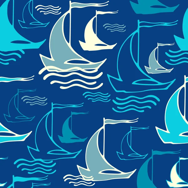 Nahtloses Muster mit dekorativen Segelschiffen auf Wellen — Stockvektor