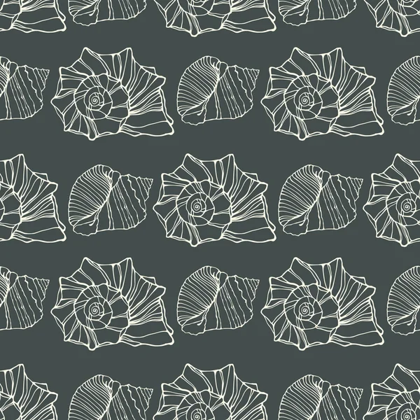 Seamless pattern with outline decorative seashells. Neutral back — Stock Vector