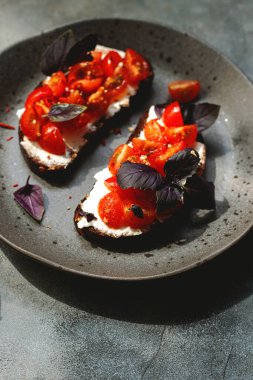 Kiraz domatesli bruschett, süzme peynir, fesleğen, otlar, gri arka planda sarımsak aranıyor. Doğal sert ışık