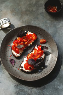 Kiraz domatesli bruschett, süzme peynir, fesleğen, otlar, gri arka planda sarımsak aranıyor. Doğal sert ışık