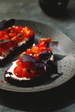 Kiraz domatesli bruschett, süzme peynir, fesleğen, otlar, gri arka planda sarımsak aranıyor. Doğal sert ışık