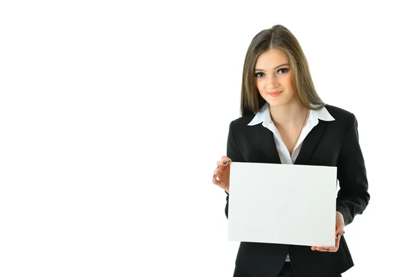 Mujer de negocios con tarjeta en blanco con espacio de copia —  Fotos de Stock