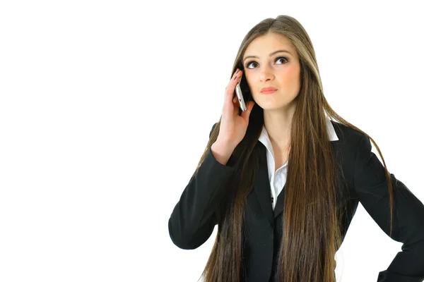 Donna d'affari che parla al telefono e guarda in alto — Foto Stock