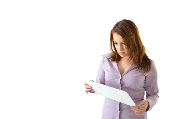 Business Woman Reading Card with  Serious Expression — Stock Photo, Image