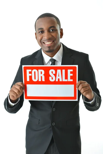 Salesman Holding For Sale Sign — Stock Photo, Image