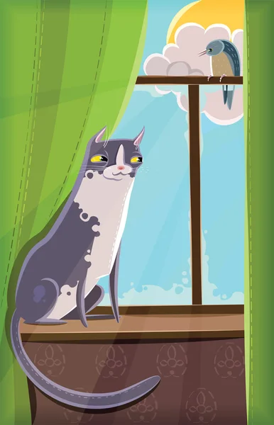 Cat and bird on a window — Stock Vector