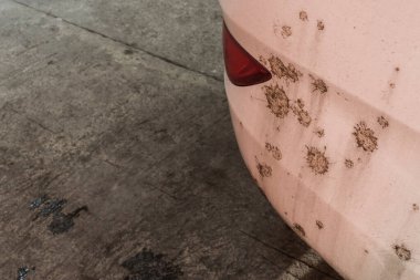 Beyaz bir sedanın arka tamponunda kurumuş çamur lekeleri var. Araba yıkamada..