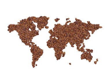 World map made with coffee beans on a white isolated background. Export, production, supply, agricultural or health concept.