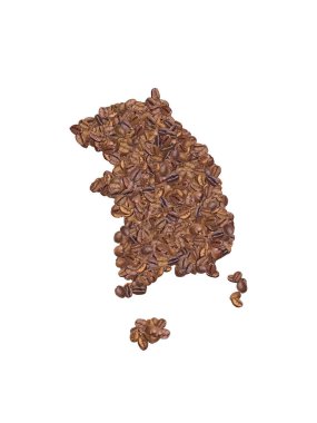 Map of South Korea made with coffee beans on a white isolated background. Export, production, supply, agricultural or health concept.