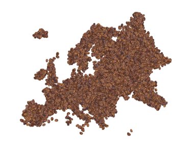 Map of Europe made with coffee beans on a white isolated background. Export, production, supply, agricultural or health concept.