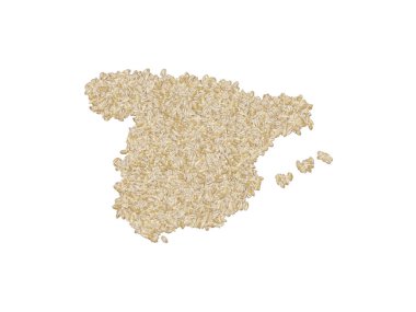 Map of Spain made with pearled barley cereal gains on a white isolated background. Export, production, supply, agricultural or health concept.