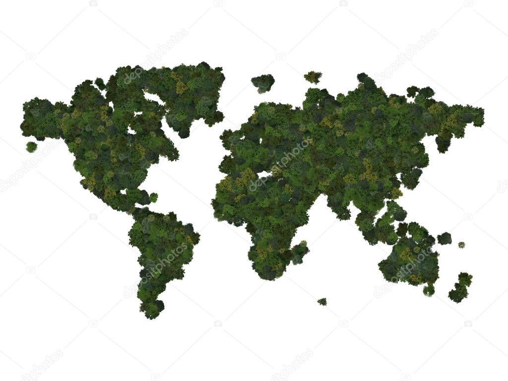 Top view of a forest of trees forming the map of the world. Top view. Environmental , Ecology, and sustainability concepts.