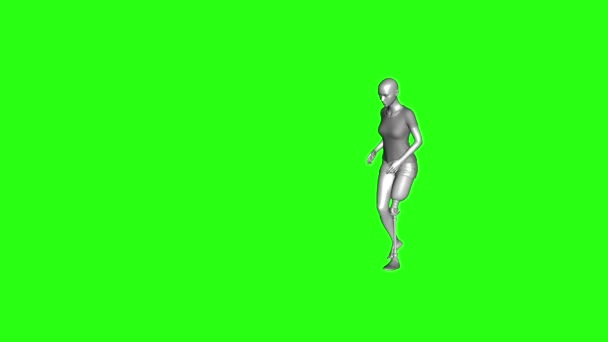 3D девушка с современным протезом ноги хромой, анимация, зеленый экран — стоковое видео