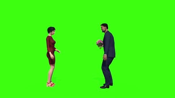 3D модель чоловіка, що дарує квіти жінці, анімація, зелений фон — стокове відео
