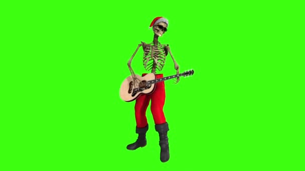 Noel Baba kostümü giymiş iskelet gitar, döngü, animasyon, yeşil arka plan çalıyor. — Stok video