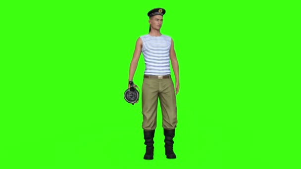 3d модель російського солдата в повітрі, зелений екран — стокове відео