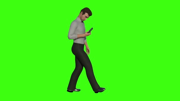 Человек текстурирует по телефону, анимация, зеленый фон — стоковое видео