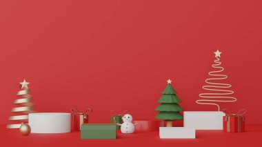 3D ürün podyumu ve Mutlu Noeller ve yeni yıl konseptiyle kozmetik sunumu. Modern geometrik. Model oluşturma ve marka gösterme platformu.