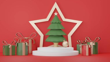 3D ürün podyumu ve Mutlu Noeller ve yeni yıl konseptiyle kozmetik sunumu. Modern geometrik. Model oluşturma ve marka gösterme platformu.