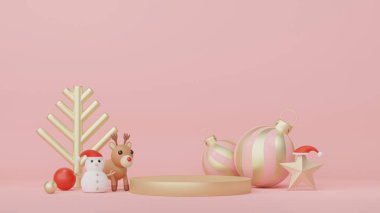 3D ürün podyumu ve Mutlu Noeller ve yeni yıl konseptiyle kozmetik sunumu. Modern geometrik. Model oluşturma ve marka gösterme platformu.