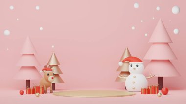 3D ürün podyumu ve Mutlu Noeller ve yeni yıl konseptiyle kozmetik sunumu. Modern geometrik. Model oluşturma ve marka gösterme platformu.