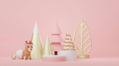 3D ürün podyumu ve Mutlu Noeller ve yeni yıl konseptiyle kozmetik sunumu. Modern geometrik. Model oluşturma ve marka gösterme platformu.