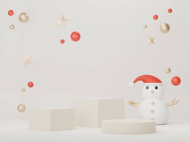 3D ürün podyumu ve Mutlu Noeller ve yeni yıl konseptiyle kozmetik sunumu. Modern geometrik. Model oluşturma ve marka gösterme platformu.