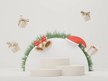 3D ürün podyumu ve Mutlu Noeller ve yeni yıl konseptiyle kozmetik sunumu. Modern geometrik. Model oluşturma ve marka gösterme platformu.