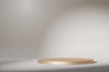 Ürün ve kozmetik sunumu için 3D soyut platform gösterisi. Model ve reklam için Altın Podyum. Web afişi için geometrik tasarım sahnesi oluştur. Pastel arkaplana sahip boş kaide.