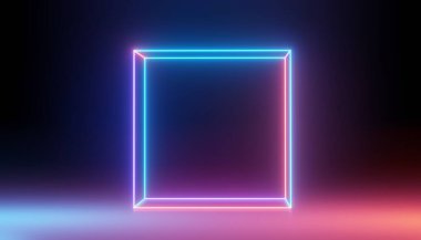 Karanlık arka planda RGB neon ışığının 3 boyutlu görüntüsü. Soyut lazer hatları geceleri görünüyor. Model ve web afişi için ultraviyole ışın sahnesi.
