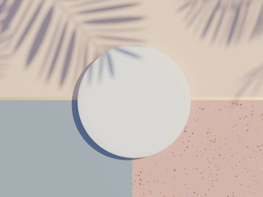 3d beyaz boş silindir çerçeve üst görünümü maket ve ürün görüntüleme palmiye yaprakları, toprak rengi ve terrazzo duvar arkaplan gölgeleri. Yaratıcı fikir kavramı.