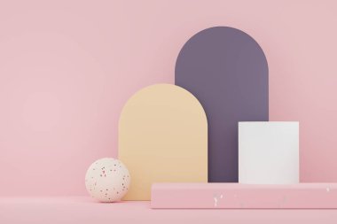 Ürün için 3D soyut beyaz platform gösterisi ve terrazzo fikri ile kozmetik sunumu. Model ve reklam için minimal podyum. Web pankartı için geometrik tasarım sahnesi oluştur.