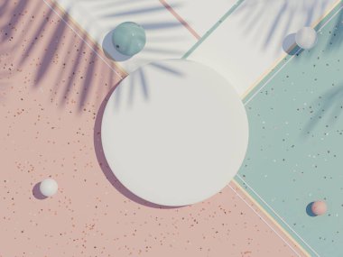 3d beyaz boş silindir çerçeve üst görünümü maket ve ürün görüntüleme palmiye yaprakları, toprak rengi ve terrazzo duvar arkaplan gölgeleri. Yaratıcı fikir kavramı.