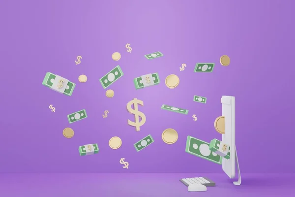 3D渲染极小的计算机周围浮动的金币 货币概念财政计划 网上购物 财富管理特许经营权 — 图库照片
