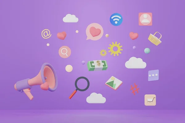Render Megaphone Online Media Application Icon Floating Purple Background — Stock Photo, Image