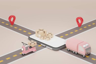 3 boyutlu kahverengi karton kutular, içinde kamyon, scooter ve yol var. Alışveriş Çevrimiçi dağıtım kavramı.
