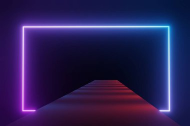 Karanlık arka planda RGB neon ışığının 3 boyutlu görüntüsü. Soyut lazer hatları geceleri görünüyor. Model ve web afişi için ultraviyole ışın sahnesi.