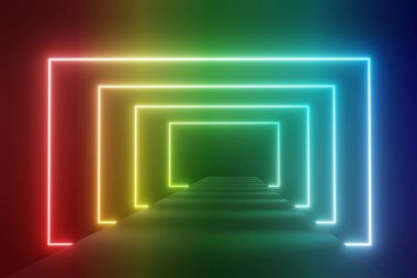 Karanlık arka planda RGB neon ışığının 3 boyutlu görüntüsü. Soyut lazer hatları geceleri görünüyor. Model ve web afişi için ultraviyole ışın sahnesi.