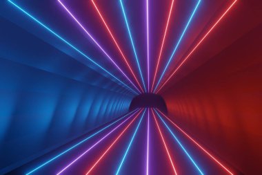 Karanlık arka planda RGB neon ışığının 3 boyutlu görüntüsü. Soyut lazer hatları geceleri görünüyor. Model ve web afişi için ultraviyole ışın sahnesi.