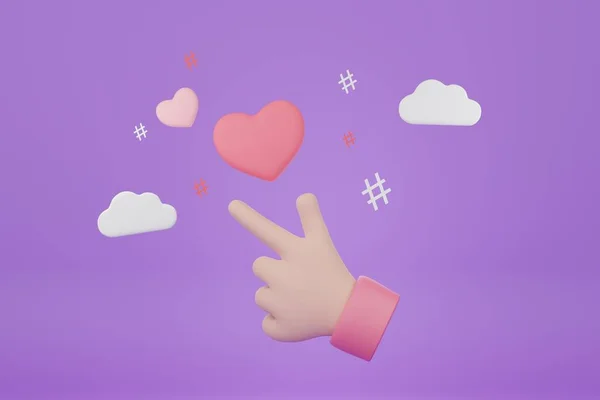 3D在紫色背景上显示微型心脏标志的最小动画手 — 图库照片