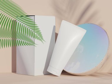 3 boyutlu boş kozmetik cilt ürünleri ya da paketleme modeli. Terrazzo tasarımı. Güzellik sabunu ve spa konsepti. Cilt sağlığı için losyon yağı nemlendirici. Markalaşma için kaliteli ve lüks tasarım.