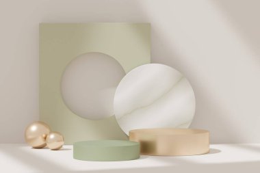 3D soyut arkaplan primi ürün sunumu için altın yeşil podyum ve pencere ve çatı gölgeli marka reklamları. Model için boş sahne.